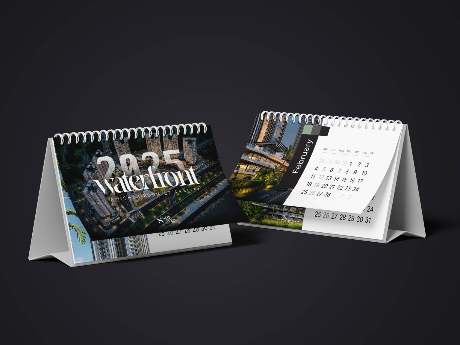 Waterfront branded desk calendar showing the Alexandria development